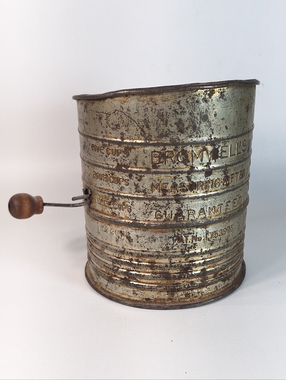 Bromwell's 5-Cup Measuring Flour Sifter Tin Hand Crank Rustic Kitchen Decor